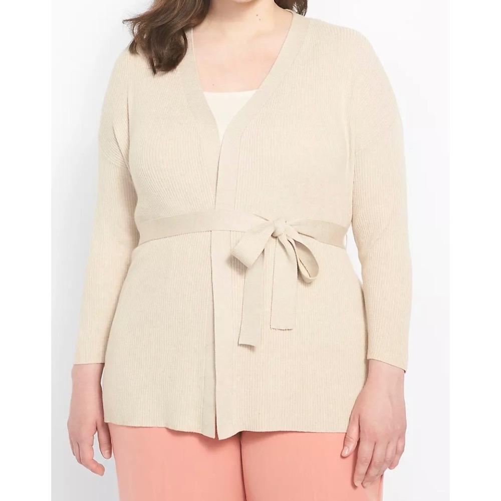 Lane Bryant‎ Cream Ribbed Belted Cardigan Sweater 22 24 3/4 Sleeve